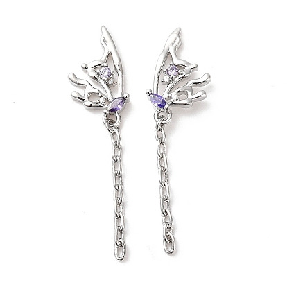 Purple Cubic Zirconia Butterfly Dangle Stud Earring, Brass Tassel Drop Earrings for Women, Cadmium Free & Nickel Free & Lead Free