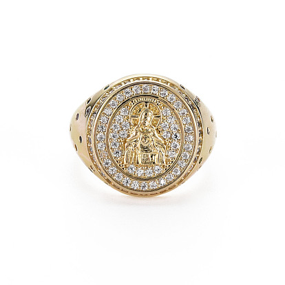 Anneau de manchette rond plat à large bande en zircone cubique transparente, chevalière jésus en laiton pour femme, sans nickel
