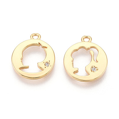Латунные микропаве прозрачные подвески с фианитом, плоский круглый с подвесками в виде девочки/мальчика, без никеля 