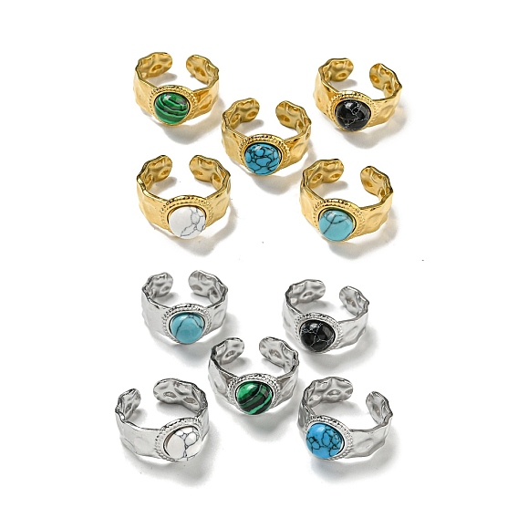 304 открытые манжеты из нержавеющей стали, Круглые широкие кольца с синтетическим малахитом и бирюзой для женщин и мужчин