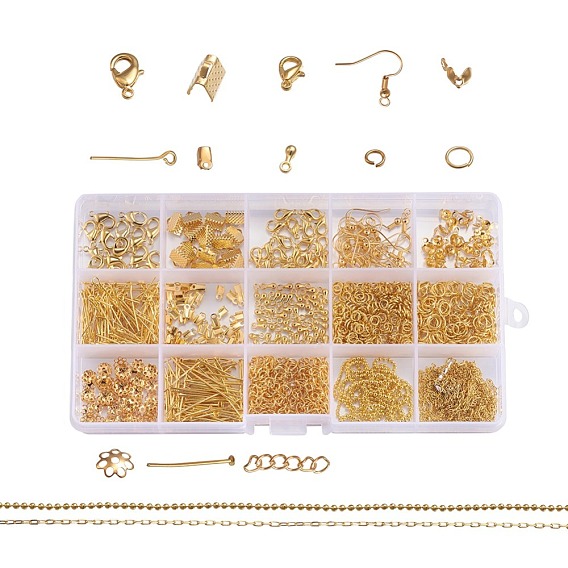 Metal Jewelry Findings Kits, with Iron Head /Eye Pins, Folding Crimp Ends, Bead Tips Knot Covers/Ribbon Ends/Twist Chain Extensions, Alloy Lobster Claw Clasps, Brass Chains and Earring Hooks