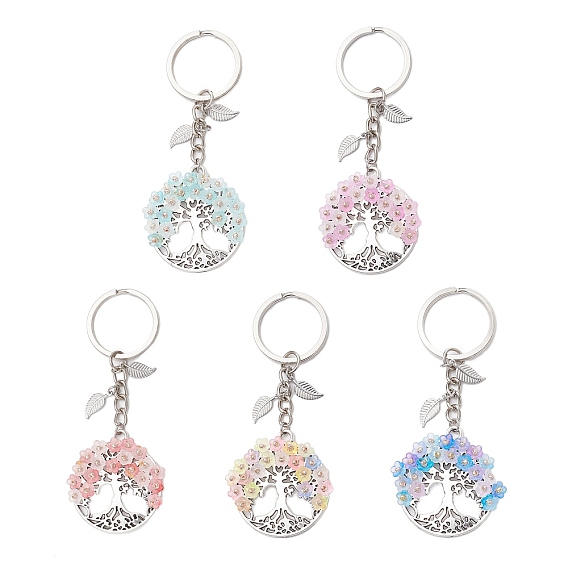 Плоский круглый с древом жизни сплава брелоки, с акриловыми и стеклянными бусинами цветок