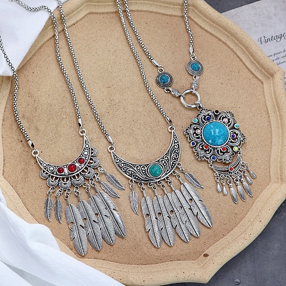 Винтажный этнический богемный стиль ожерелье из сплава и смолы и висячие серьги комплект, античное серебро