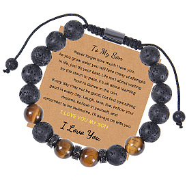 10MM Volcanic Stone Tiger Eye Bracelet with Copper Weave and Micro Inlaid Zircon Card Chain