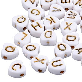 Electroplate White Opaque Acrylic Beads, Heart with Golden Mixed Letters