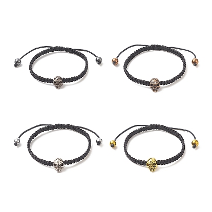 4Pcs 4 Color Synthetic Hematite & Alloy Skull Braided Bead Bracelets Set, Stackable Adjustable Bracelets for Women