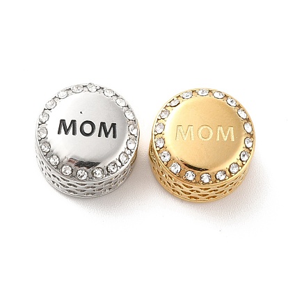 304 Stainless Steel European Beads, with Enamel & Rhinestone, Large Hole Beads, Flat Round with Word MOM