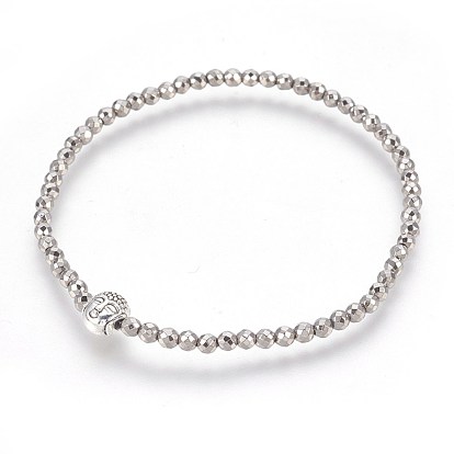 Electroplate Non-magnetic Synthetic Hematite Stretch Bracelets, with Alloy Buddha Beads, Faceted, Round