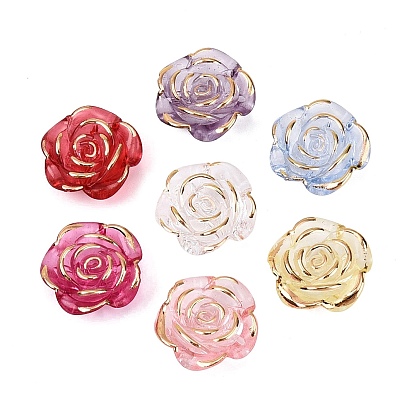 Transparent Acrylic Beads, Golden Metal Enlaced, Rose Flower