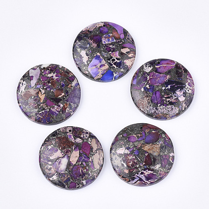 Synthetic Gold Line Regalite/Imperial Jasper/Sea Sediment Jasper Pendants, Dyed Impression Jasper, Flat Round