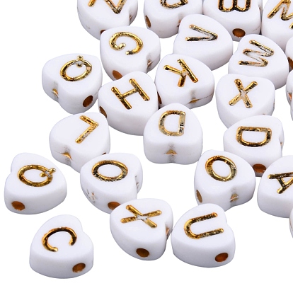 Electroplate White Opaque Acrylic Beads, Heart with Golden Mixed Letters