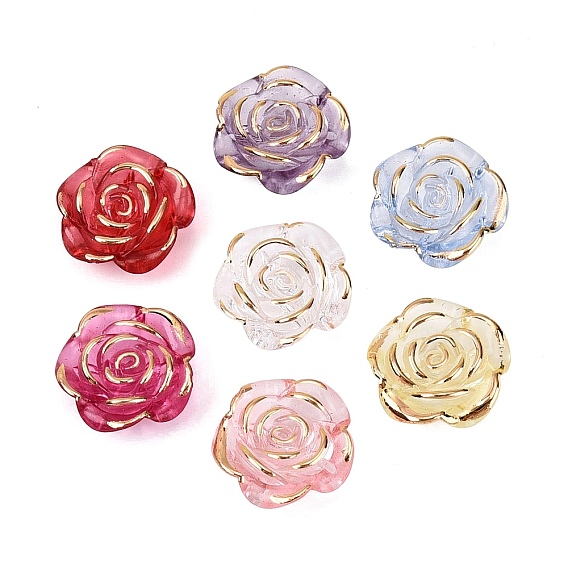 Transparent Acrylic Beads, Golden Metal Enlaced, Rose Flower