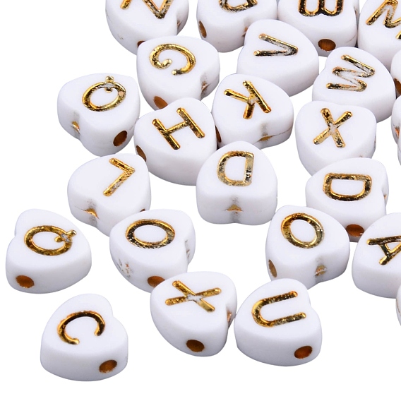 Electroplate White Opaque Acrylic Beads, Heart with Golden Mixed Letters