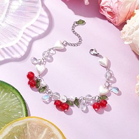 304 браслеты с подвесками из акрила и нержавеющей стали для женщин, вишня и сердце, с гальваническим покрытием и стеклянными круглыми бусинами с трещинами и акриловыми бусинами с имитацией жемчуга