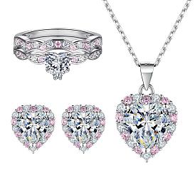 Pink Heart-Shaped Jewelry Set with Zirconia Stones: Ring, Earrings and Necklace
