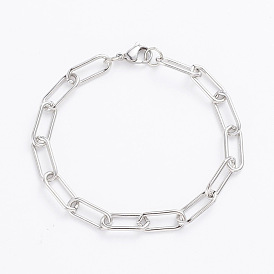 304 Stainless Steel Paperclip Chains, Drawn Elongated Cable Chains Bracelets, with Lobster Clasps