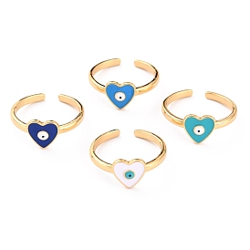 Brass Enamel Cuff Rings, Open Rings, Heart with Evil Eye, Real 18K Gold Plated