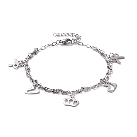 304 Stainless Steel Double Chains Multi-strand Bracelets, Crown & Heart & Bowknot 201 Stainless Steel Charm Bracelet for Women