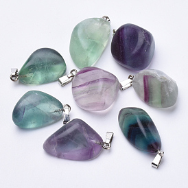 Natural Fluorite Pendants, with Platinum Tone Alloy Finding, Nuggets