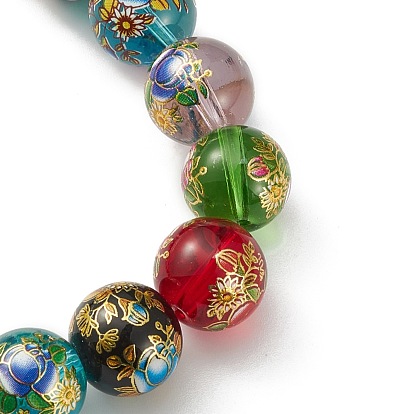 Flower Painted Handmade Lampwork Round Beads, 14x13mm, Hole: 1mm