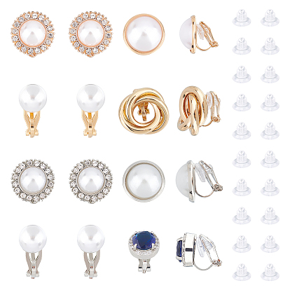 8Pairs 8 Style Half Round & Round & Twist Brass Clip-on Earrings with Plastic Pearl, Clear Cubic Zirconia Earrings for Women
