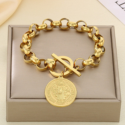 Плоский круглый с подвесками в виде святых бенедиктов 304 из нержавеющей стали с цепочкой Rolo