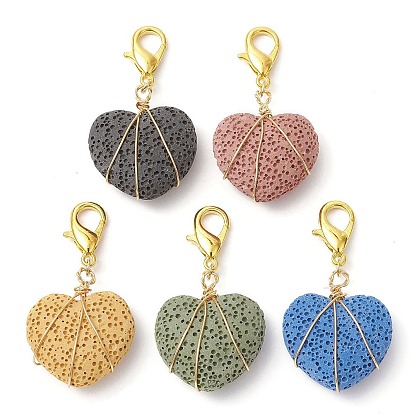 Golden Tone Copper Wire Wrapped Natural Lava Rock Pendant Decoration, with Alloy Clasp