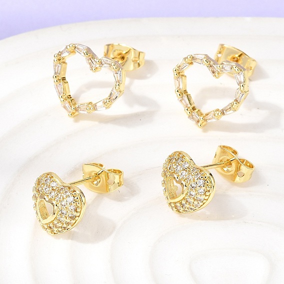 Серьги-гвоздики из латуни с микропаве и прозрачными кубическими циркониями ко Дню святого Валентина, сердце, стойки покрытие, долговечный, без кадмия и без свинца