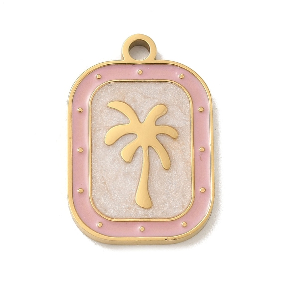 304 Stainless Steel Enamel Pendants, Golden, Rectangle with Coconut Tree Charm