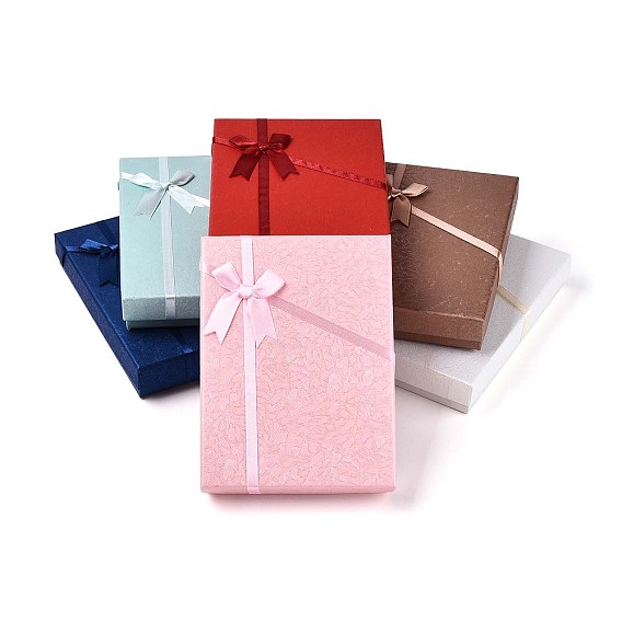 Картон комплект ювелирных изделий коробки, для ожерелья, кольцо, серьга, с лентой-бантом снаружи и белой губкой внутри, прямоугольные