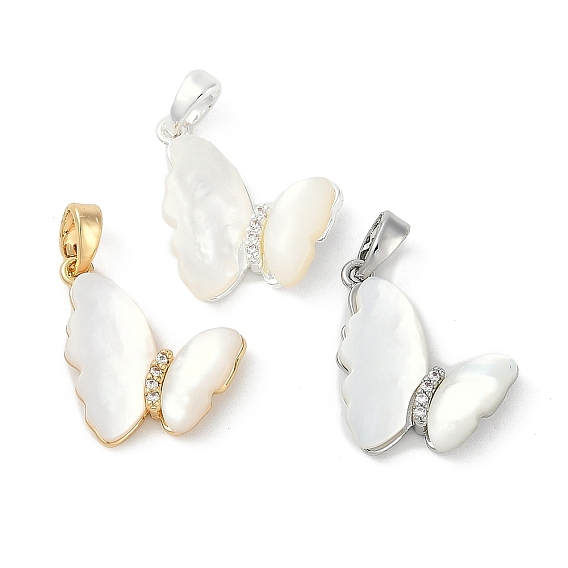 Подвески-бабочки из натуральной белой ракушки, подвески-бабочки из латуни с микропаве из прозрачного кубического циркония