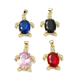 Rack Plating Real 18K Gold Plated Brass Micro Pave Cubic Zirconia Pendants, with Glass, Long-Lasting Plated, Lead Free & Cadmium Free, Turtle