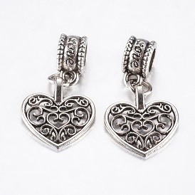 Tibetan Style Alloy European Dangle Charms, Large Hole Pendants, Hollow Heart