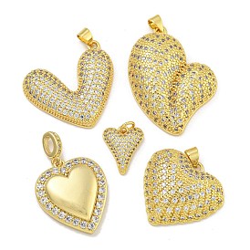 Rack Plating Brass Micro Pave Cubic Zirconia Pendants, Long-Lasting Plated, Cadmium Free & Lead Free, Heart