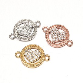 Brass Micro Pave Grade AAA Cubic Zirconia Links, Flat Round with Heart, Cadmium Free & Nickel Free & Lead Free, 11x15x2mm, Hole: 1mm