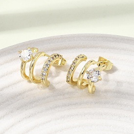 Brass Micro Pave Cubic Zirconia Stud Earrings, Half Hoop Earrings, Long-Lasting Plated, Rack Plating, Lead Free & Cadmium Free, Real 18K Gold Plated
