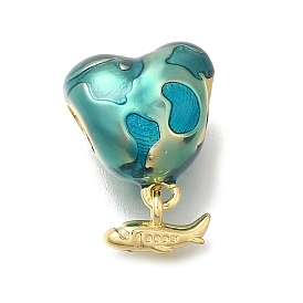 Brass Turquoise Enamel European Dangle Charms, Heart with Plane Large Hole Pendants