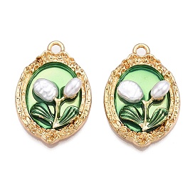 Rack Plating Alloy Enamel Pendants, with ABS Imitation Pearl, Cadmium Free & Nickel Free & Lead Free, Light Gold, Oval with Flower Charm