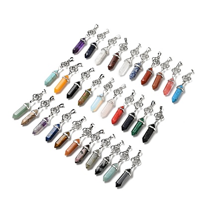 Gemstone Double Terminated Pointed Big Pendants, with Platinum Tone Brass Findings, Cadmium Free & Lead Free, Bowknot with Bullet