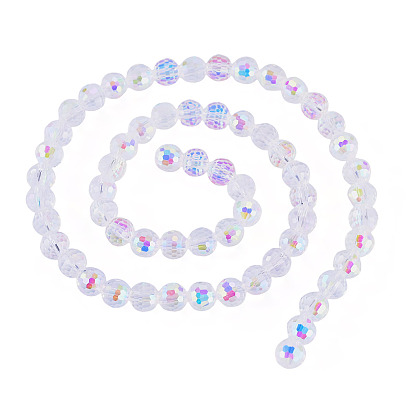 1 brins de perles de verre transparentes électroplaquées, ronde, à facettes(96 à facettes), demi couleur ab plaqué