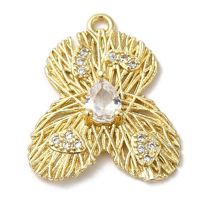 Rack Plating Brass Cubic Zirconia Pendants, Cadmium Free & Lead Free, Hollow Butterfly