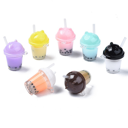 Imitation Bubble Tea/Boba Milk Tea Resin Pendants, Boba Polymer Clay inside, with Acrylic Cup