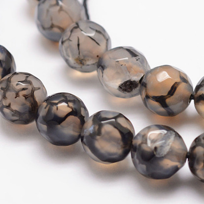 Natural Dragon Veins Agate Bead Strands, Round, Grade A, Faceted, Dyed & Heated