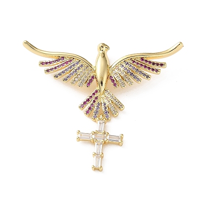 Brass Micro Pave Colorful Cubic Zirconia Pendants, Phenix with Cross Charms, Cadmium Free & Lead Free, Rack Plating, Long-Lasting Plated