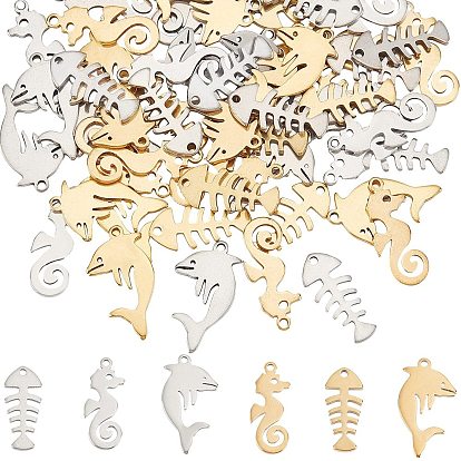 60Pcs 6 Style Ocean Theme 304 Stainless Steel Pendants, Laser Cut, Dolphin & Sea Horse & Fishbone
