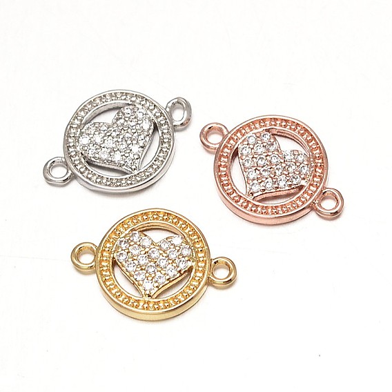 Brass Micro Pave Grade AAA Cubic Zirconia Links, Flat Round with Heart, Cadmium Free & Nickel Free & Lead Free, 11x15x2mm, Hole: 1mm