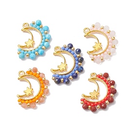 Facettierte runde Anhänger aus natürlichem Edelstein und Glasperlen, Legierungsmond mit Sternanhängern, golden