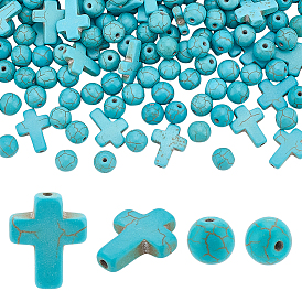 280 шт. 2 стили окрашенные синтетические бирюзовые бусины, круглый и крест