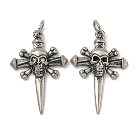 316 Surgical Micro Pave Cubic Zirconia Stainless Steel Pendants, with Jump Rings, Skull with Cross Shape