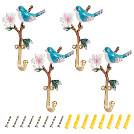 4Pcs Bird Zinc Alloy Enamel Wall Coat Rack Hooks, with 8Pcs Screws and 8Pcs Plug, for Bag Clothes Key Scarf Hanging Holder